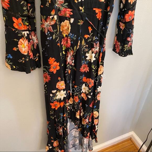 FARM Rio Brazil Black Floral Wrap Front Long Sleeve Maxi Dress Tropical XS - Picture 9 of 16